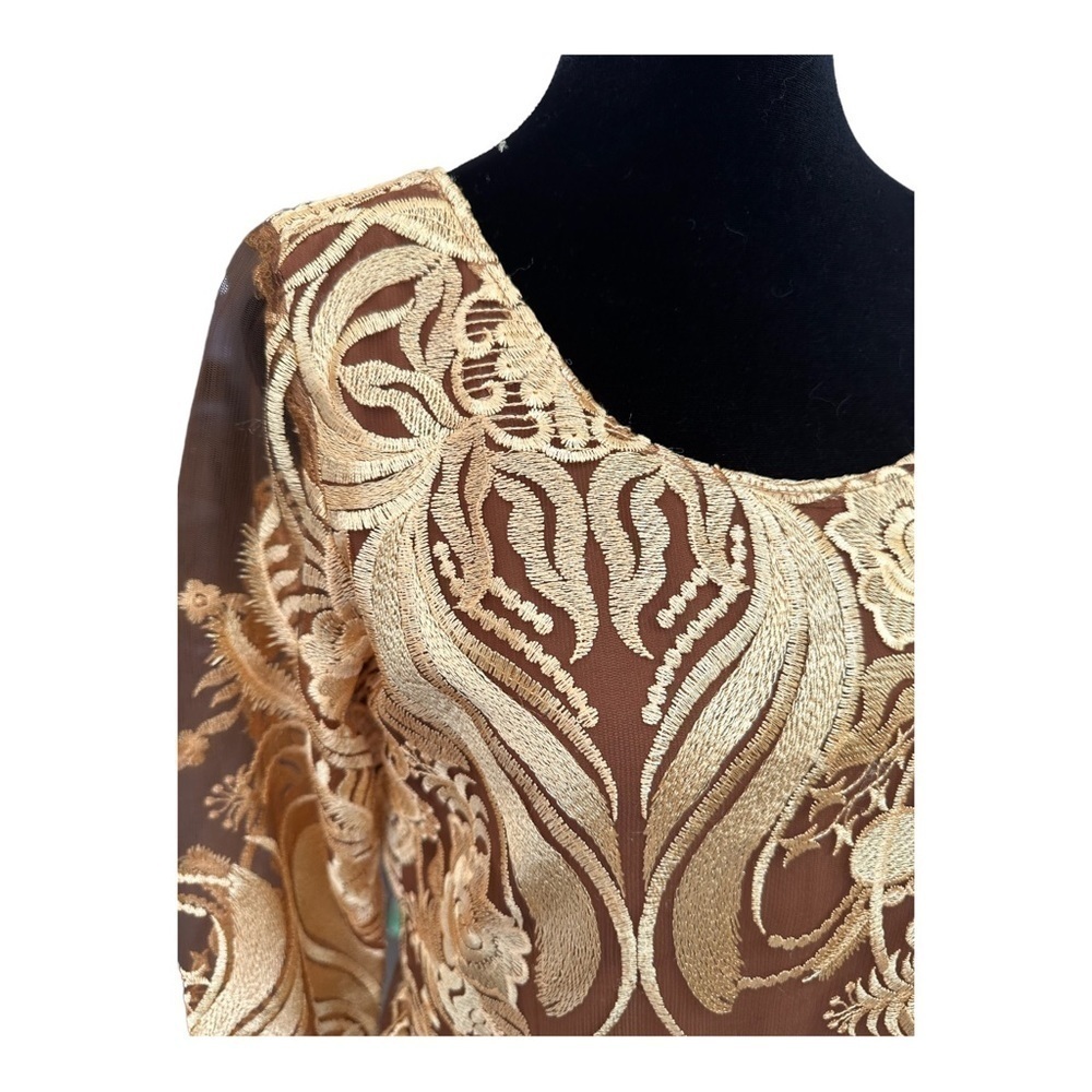 Custom Made Lace Tan & Gold Floral Dress Sun Goddess Cottagecore Apprx Sz L/XL - Picture 3 of 8